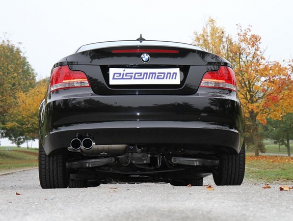 Eisenmann Edelstahl Sportauspuff inkl. Verbindungsrohr BMW 1er E82 Coupe u. E88 Cabrio 125i mit M-Paket-Heckschürze 2x76mm rund scharf gerade versetzt: B5351.00762