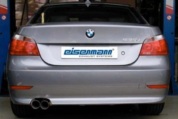 Eisenmann Edelstahl Sportauspuff BMW 5er E60 E61 Limo u. Touring 520i-530i inkl. LCI mit 70mm Anschluss 2x76mm rund scharf gerade
