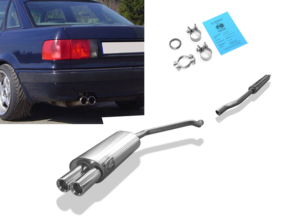 Fox Edelstahl Sportauspuff-Komplettanlage ab Kat Audi 80 B4 Limousine/Avant 1.6-2.0l 2x76mm rund eingerollt gerade mit Absorber