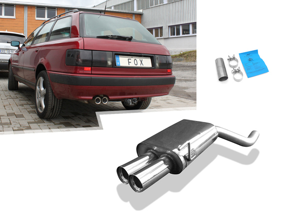 Fox Edelstahl Sportauspuff Audi 80 quattro B4 Limousine/Avant mit Serien-Schürze 2x76mm rund scharf gerade mit Absorber