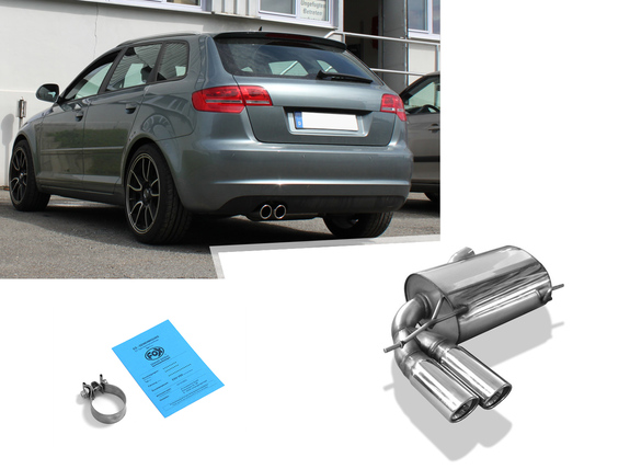 Fox Edelstahl Sportauspuff Audi A3 8P 3.2 V6 quattro Sportback 2x90mm rund eingerollt abgeschrägt mit Absorber: AU051147-152 Fox Edelstahl Sportauspuff Audi A3 8P 3.2 V6 quattro Sportback 2x90mm rund eingerollt abgeschrägt mit Absorber: AU051147-152