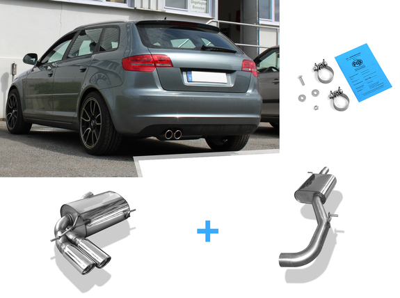 Fox Edelstahl Sportauspuff-Komplettanlage ab Kat Audi A3 8P 3.2 V6 quattro Sportback 2x90mm rund eingerollt abgeschrägt mit Absorber
