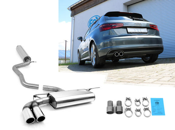Fox Edelstahl Sportauspuff-Komplettanlage ab Kat Audi A3 8V 3-Tür ab 2012 2x80mm rund eingerollt abgeschrägt: AU052057-130ANL