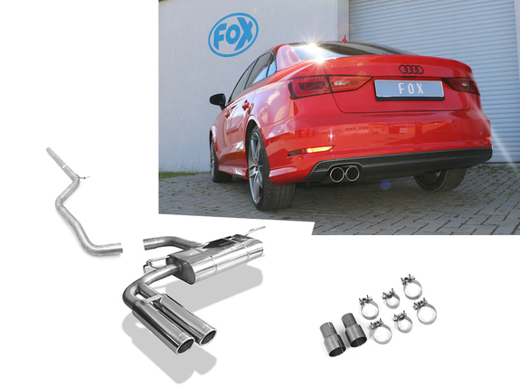 Fox Edelstahl Racing-Komplettanlage ab Kat Audi A3 8V 1.8 TFSI Limousine S-Line 2x80mm rund eingerollt abgeschrägt: AU052067-130SANLR