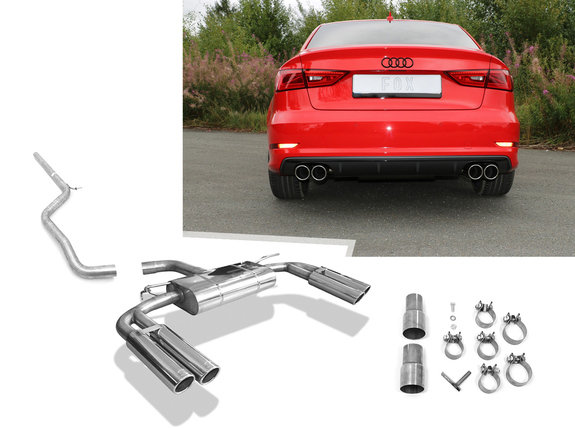 Fox Edelstahl Duplex Racing-Komplettanlage ab Kat Audi A3 8V 1.8 TFSI Limousine S-Line/S3-Heck je 2x80mm rund eingerollt abgeschrägt: AU052075-130SANLR