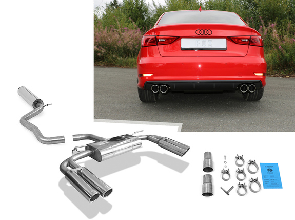 Fox Edelstahl Duplex Sportauspuff-Komplettanlage ab Kat Audi A3 8V Limousine S-Line/S3-Heck je 2x80mm rund eingerollt abgeschrägt: AU052045-130SANL