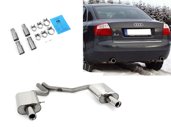 Fox Edelstahl Duplex Sportauspuff Audi A4 B6 Typ 8E Limousine/Avant 1.8T u. 2.4l 1x90mm rund eingerollt abgeschrägt mit Absorber: AU061073-151