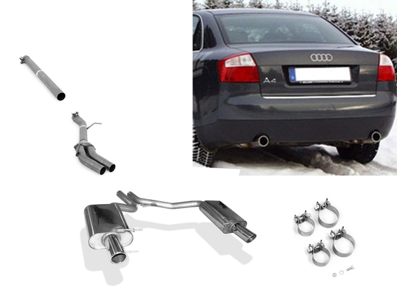 Fox Edelstahl Duplex Racing-Komplettanlage ab Kat Audi A4 B6 Typ 8E Limousine/Avant 1.8T je 90mm rund eingerollt abgeschrägt: AU061073-131ANLR1