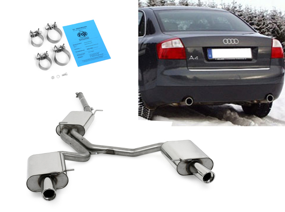 Fox Edelstahl Duplex Sportauspuff-Komplettanlage ab Kat Audi A4 B6 Typ 8E Limousine/Avant 1.8T 1x90mm rund eingerollt abgeschrägt mit Absorber: AU061073-151ANL1