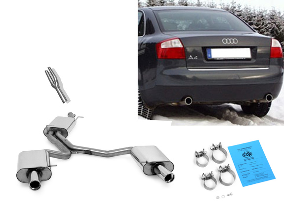 Fox Edelstahl Duplex Sportauspuff-Komplettanlage ab Kat Audi A4 B6 Typ 8E Limousine/Avant 2.4l je 1x90mm rund eingerollt abgeschrägt mit Absorber: AU061073-151ANL2