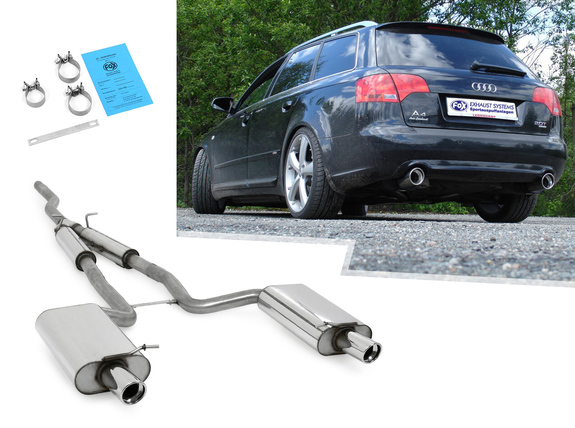 Fox Edelstahl Duplex Sportauspuffanlage ab Kat Audi A4 B7 quattro Typ 8E Limousine/Avant je 90mm rund eingerollt abgeschrägt mit Absorber: AU061093-151ANL