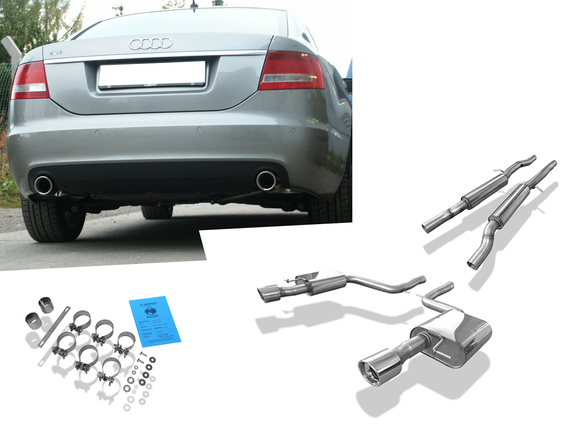 Fox Edelstahl Duplex Sportauspuff-Komplettanlage ab Kat Audi A6 4F Typ C6 quattro Limousine u. Avant 4.2l 1x90mm rund eingerollt abgeschrägt mit Absorber