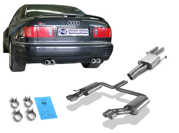 Fox Edelstahl Duplex Sportauspuff-Komplettanlage ab Kat Audi A8 u. S8 D2 Typ 4D 2x76mm rund eingerollt abgeschrägt mit Absorber: AU080014-148ANL