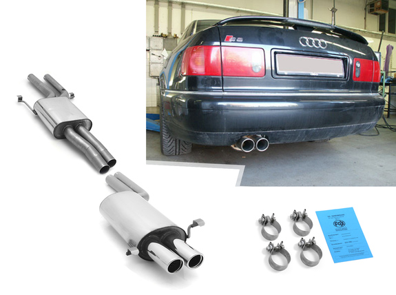 Fox Edelstahl Sportauspuff-Komplettanlage ab Kat Audi A8 u. S8 D2 Typ 4D 2x76mm rund eingerollt abgeschrägt mit Absorber