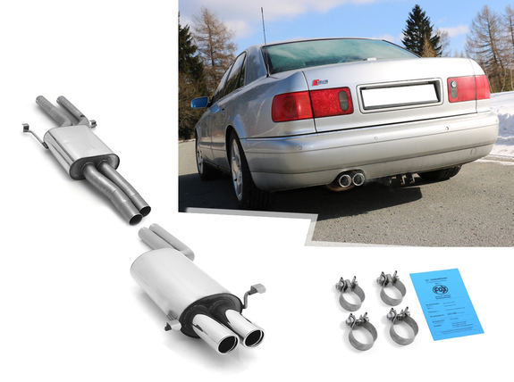 Fox Edelstahl Sportauspuff-Komplettanlage ab Kat Audi A8 u. S8 D2 Typ 4D für Modelle mit AHK 2x76mm rund eingerollt abgeschrägt mit Absorber