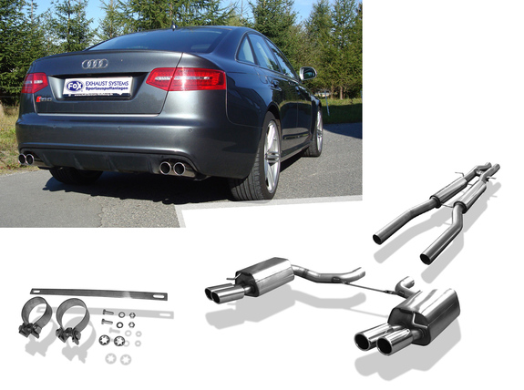 Fox Edelstahl Duplex Sportauspuff-Komplettanlage ab Kat Audi RS6 4F Typ C6 Limousine u. Avant 2x80mm rund eingerollt abgeschrägt mit Absorber