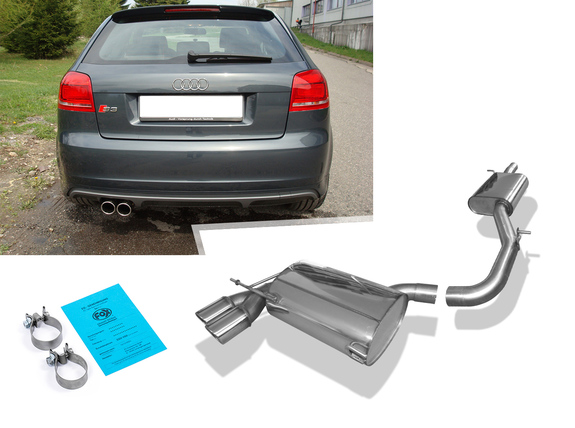 Fox Edelstahl Sportauspuff-Komplettanlage ab Kat Audi S3 8P quattro 2x90mm rund eingerollt abgeschrägt mit Absorber: AU051137-152ANL