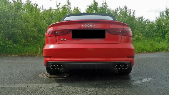 FOX Edelstahl Duplex Sportauspuff-Komplettanlage ab Kat Audi S3 8V Cabrio, Limo je 2x106x71mm oval eingerollt abgeschrägt mit langer Tulpe: AU052105-746ANL