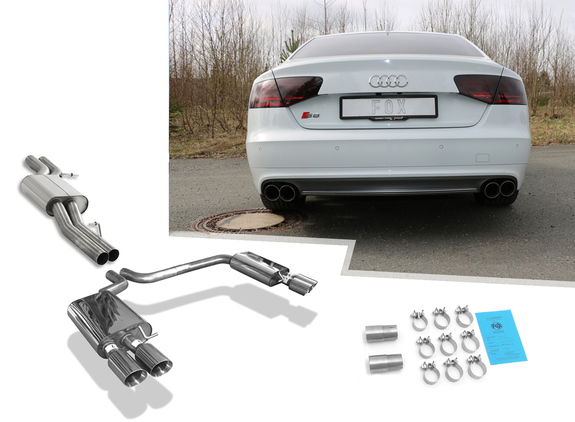 Fox Edelstahl Duplex Sportauspuff-Komplettanlage ab Kat Audi S8 4H Typ D4 je 2x90mm rund doppelwandig abgeschrägt: AU082014-292ANL