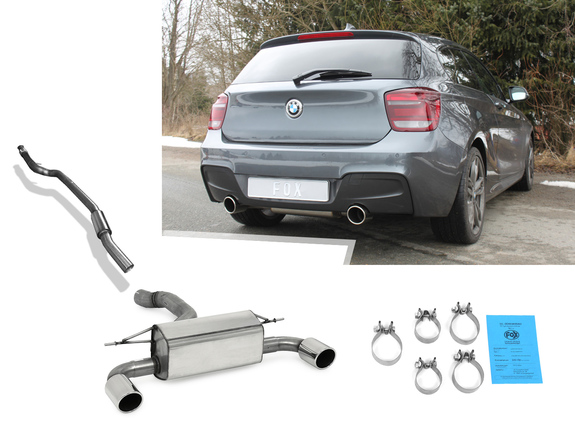 Fox Edelstahl Duplex Sportauspuff-Komplettanlage ab Kat BMW 1er F20 F21 3-Tür 5-Tür M135i je 100mm rund eingerollt abgeschrägt: BM013015-133ANL