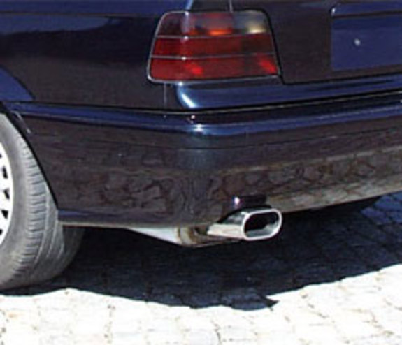 Fox Edelstahl Racing-Komplettanlage ab Kat BMW 3er E36 318is Limousine u. Coupe 135x80mm flachoval eingerollt abgeschrägt mit Absorber