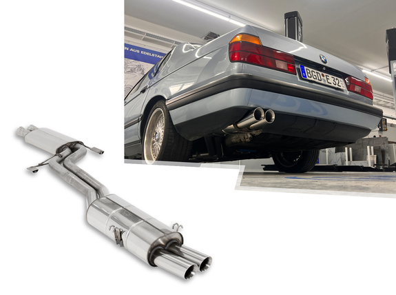 Fox Edelstahl Sportauspuff-Komplettanlage ab Kat BMW 7er E32 750i 2x76mm rund doppelwandig abgeschrägt: BM040002-288ANL3