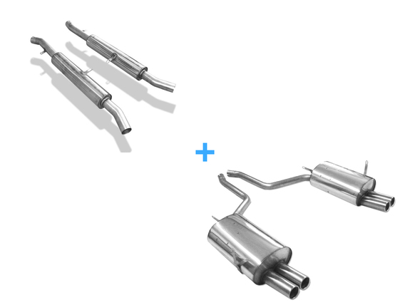 Fox Edelstahl Duplex Sportauspuff-Komplettanlage ab Kat BMW 7er E38 730i 735i 740i ohne Endrohraussparung 2x76mm rund eingerollt gerade mit Absorber: BM041054-068ANL