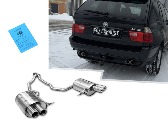 Fox Edelstahl Duplex Sportauspuff-Komplettanlage ab Kat BMW X5 E53 4.4l 286PS je 2x80mm rund doppelwandig abgeschrägt: BM110004-290ANL1
