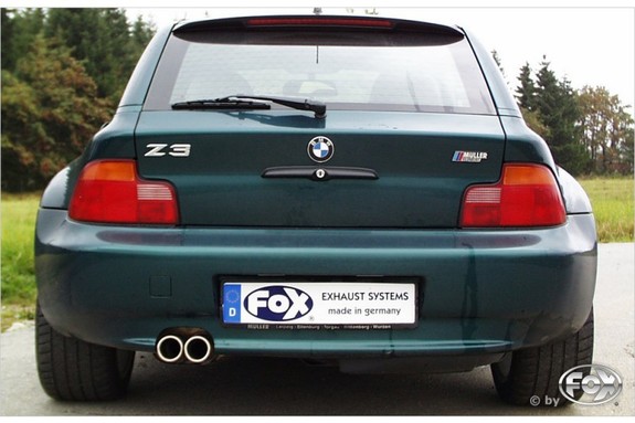 Fox Edelstahl Sportauspuff-Komplettanlage ab Kat BMW Z3 Roadster u. Coupe 2.0l 2.8l 2x70mm rund eingerollt gerade mit Absorber