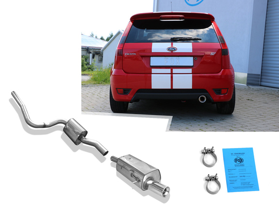 Fox Edelstahl Sportauspuff-Komplettanlage ab Kat Ford Fiesta MK6 ST150 Typ Bj.05-08 1x90mm rund eingerollt gerade mit Absorber: FO012001-071ANL