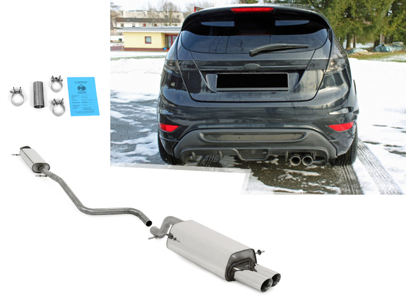 Fox Edelstahl Komplettanlage ab Kat Ford Fiesta MK7 JA8 inkl. Sport 1.6 99kW 2x80mm rund doppelwandig abgeschrägt: FO013041-290ANL