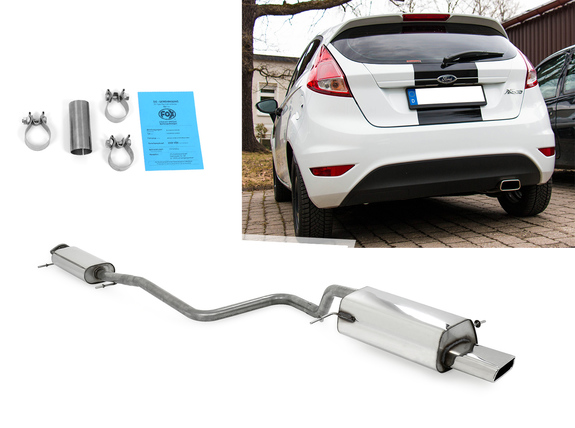 Fox Edelstahl Komplettanlage ab Kat Ford Fiesta MK7 JA8 inkl. Sport 1.6 99kW 145x65mm trapezförmig eingerollt nach unten & seitlich abgeschrägt: FO013041-671ANL