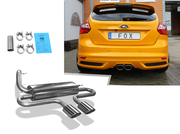 Fox Edelstahl Sportauspuff Mittig Ford Focus 3 ST 2x 115x85mm oval eingerollt abgeschrägt ohne Absorber: FO032025-348