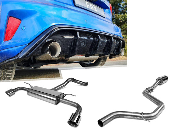 FOX Edelstahl Duplex Sportauspuff-Komplettanlage ab OPF Ford Focus 4 ST-Line (Mod. mit Starrachse) für Rieger-Heckeinsatz je 100mm rund doppelwandig abgeschrägt: FO033035-293ANL