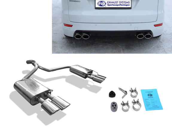 Fox Edelstahl Duplex Sportauspuff Ford Mondeo MK4 Fließheck 2.5l ab 2007 je 2x106x71mm oval eingerollt abgeschrägt mit Absorber: FO042064-366