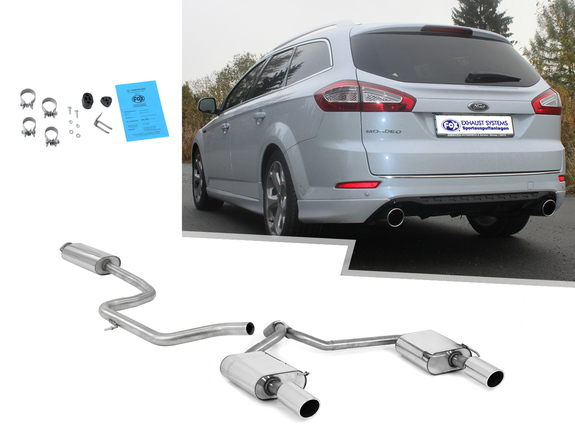 FOX Edelstahl Duplex Sportauspuff-Komplettanlage ab Kat Ford Mondeo MK4 Turnier 2.5l Titanium S ab 2007 je 100mm rund eingerollt abgeschrägt: FO042143-133ANL