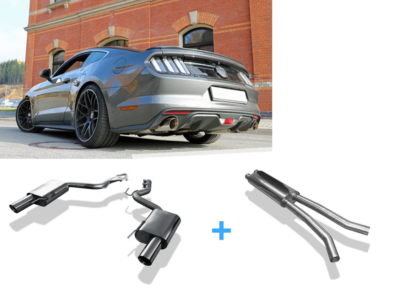 Fox Edelstahl Duplex Sportauspuff-Komplettanlage ab Kat Ford Mustang VI 6 ab 2014 5.0l GT je 1x100mm rund doppelwandig abgeschrägt: FO141003-293ANL