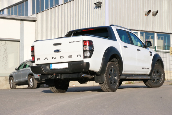 Fox Edelstahl Komplettanlage ab Kat Ford Ranger 2011-2016 76mm Diesel-Optik nach unten gebogen
