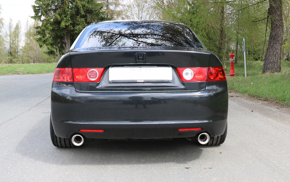 FOX Edelstahl Duplex Racing-Komplettanlage ab Kat. Honda Accord 7 CL9 Bj. 03-08 je 100mm rund eingerollt abgeschrägt mit Absorber
