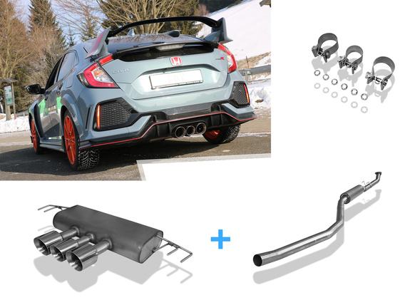 FOX Edelstahl Mittig Sportauspuffanlage ab Kat. Honda Civic 10 FC FK8 Type-R ab 2017 3x rund doppelwandig abgeschrägt