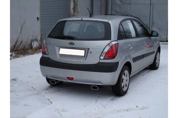 Fox Edelstahl Duplex Sportauspuff-Komplettanlage ab Kat Kia Rio 2 JB Bj.05-11 135x80mm flachoval eingerollt abgeschrägt mit Absorber: KI031013-593ANL