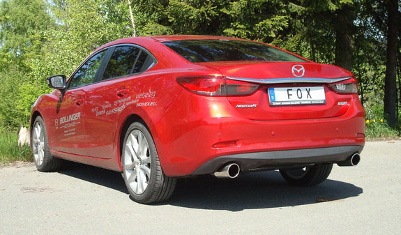 Fox Edelstahl Duplex Sportauspuff-Komplettanlage ab Kat Mazda 6 III GJ Frontantrieb Diesel ab 2012 je 100mm rund eingerollt abgeschrägt