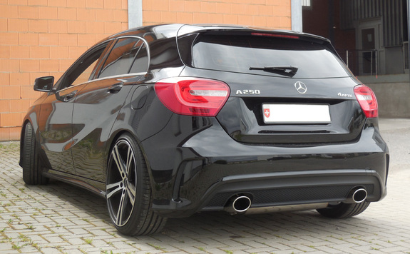 Fox Edelstahl Duplex Racing-Komplettanlage ab Kat Mercedes A-Klasse W176 A250 4matic je 115x85mm oval eingerollt abgeschrägt
