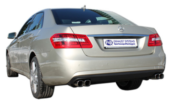 Fox Edelstahl Duplex Racing-Komplettanlage ab Kat Mercedes E-Klasse W212 E500 5.5l ab 2009 2x78x75mm rechteckig eingerollt abgeschrägt mit Absorber: MB043004-662ANLR