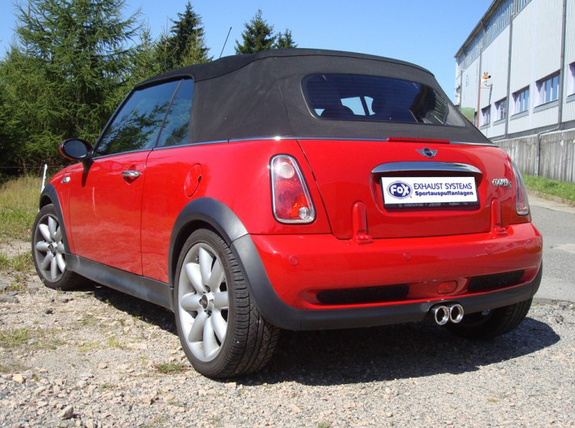Fox Edelstahl Sportauspuff mittig Mini Cooper S Cabrio R52 2x76mm rund eingerollt gerade mit Absorber: MN020113-068
