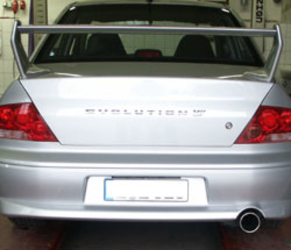 Fox Edelstahl Sportauspuff-Komplettanlage ab Kat Mitsubishi Lancer Evolution IX - Evo 9 1x100mm rund eingerollt gerade mit Absorber: MI142001-073ANL