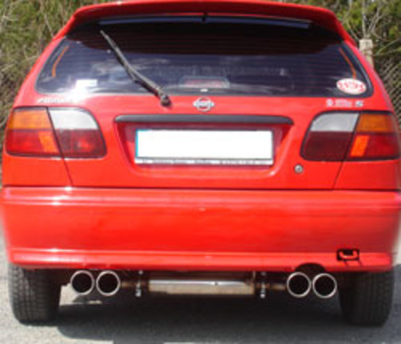 Fox Edelstahl Duplex Sportauspuff-Komplettanlage ab Kat Nissan Almera N15 Fließheck Bj.95-00 2x90mm rund eingerollt gerade mit Absorber: NI030015-072ANL