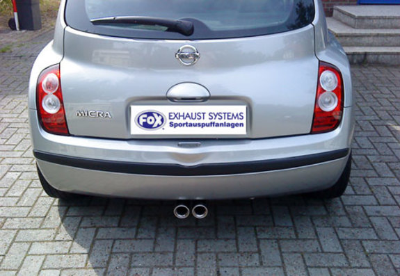 Fox Edelstahl Komplettanlage ab Kat Ausgang mittig Nissan Micra K12 Bj.03-10 mit Flanschanschluss 2x76mm rund eingerollt gerade mit Absorber: NI012021-068ANL