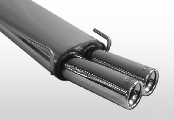 Fox Edelstahl Sportauspuff-Komplettanlage ab Kat Opel Astra F inkl. GSi CC Fließheck 3-Punkt-Aufhängung 2x80mm rund eingerollt gerade mit Absorber: OP040142-070ANL