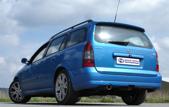 Fox Edelstahl Racing-Komplettanlage ab Kat. Opel Astra G Caravan OPC 1x90mm rund eingerollt abgeschrägt mit Absorber